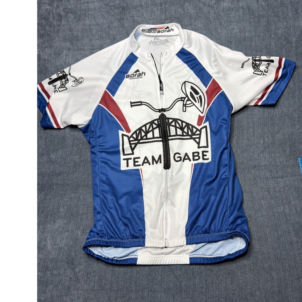 Cycling Borah Jersey Mens XL Blue White Polyester Team Gabe Short Sleeve Zip